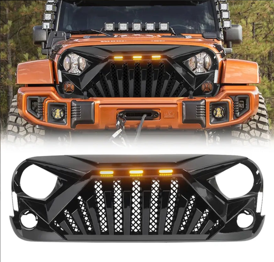 American Modified Heavy Duty ABS Plastic Goliath Grille Compatible with All 2007 to 2018 Jeep Wrangler JK with LED Amber Lights, Glossy Black