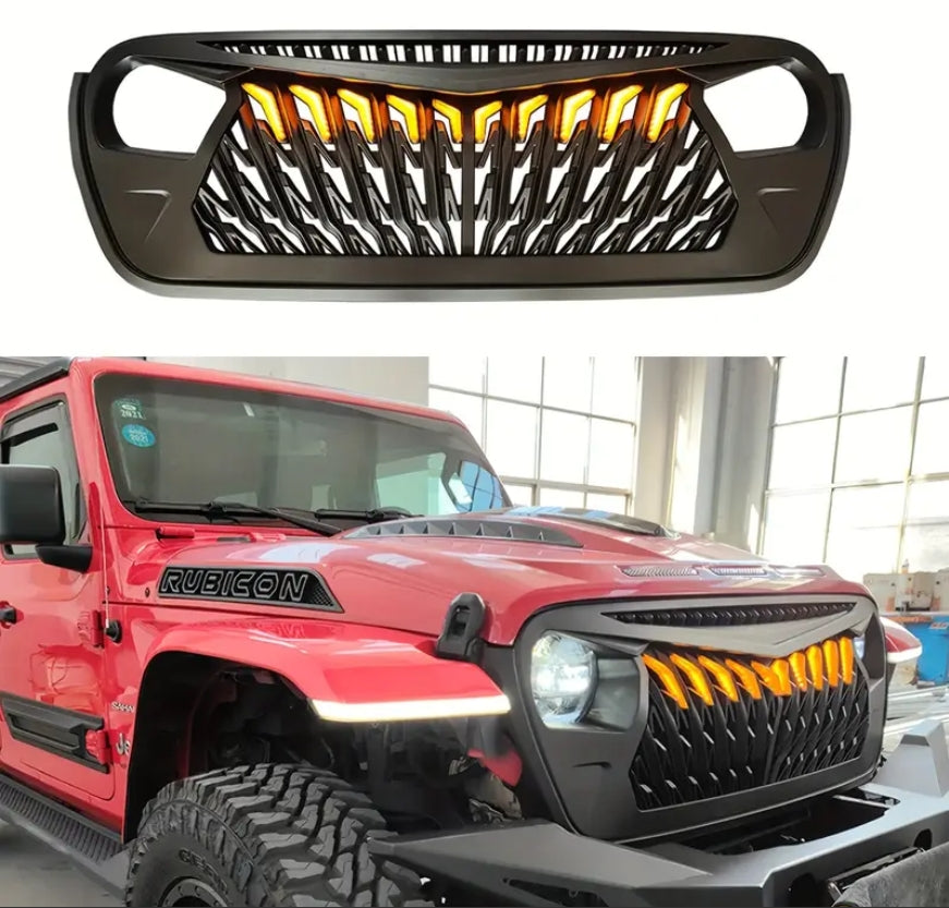 Front Replacement Mesh Grille Compatible With Jeep Wrangler JL 2018-2023, Matte Black Modified Shark Grille With 10pc Amber LED Running Lights
