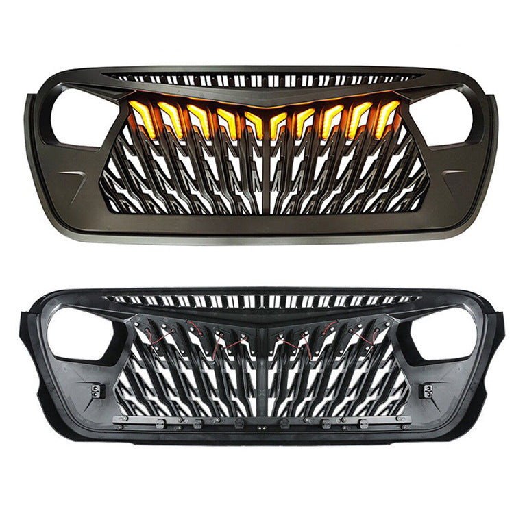 Front Replacement Mesh Grille Compatible With Jeep Wrangler JL 2018-2023, Matte Black Modified Shark Grille With 10pc Amber LED Running Lights