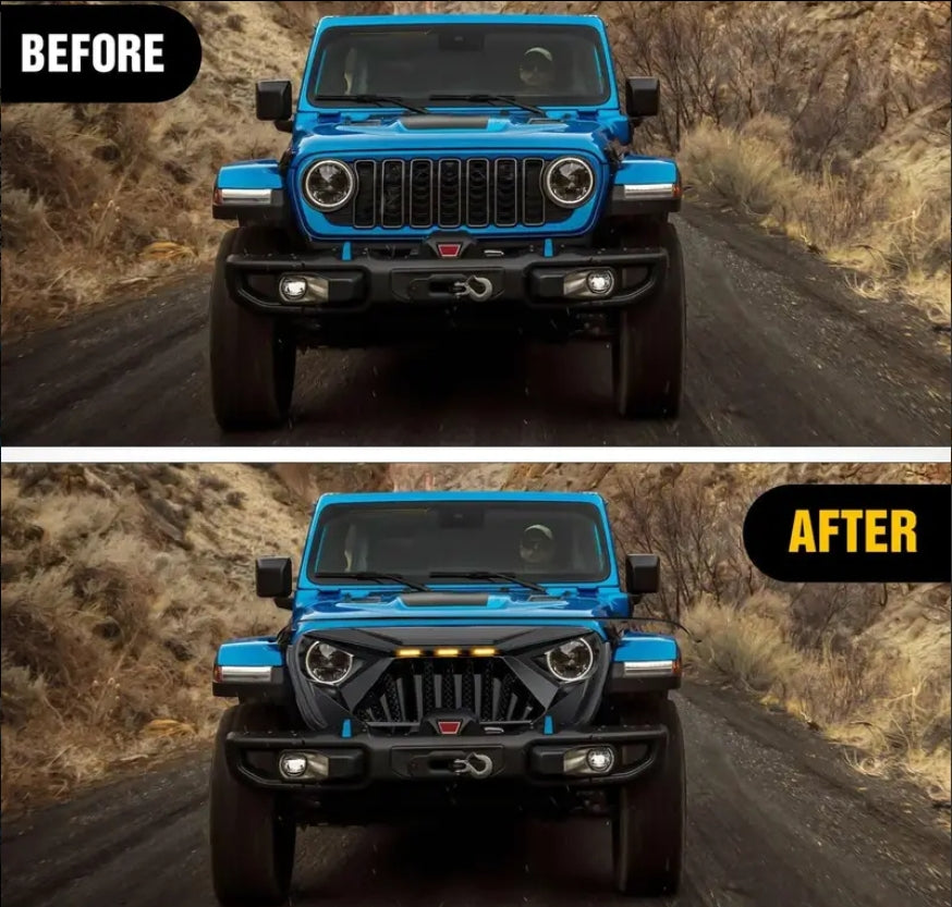 Front Bumper Grill Cover for 2018-2025 for Wrangler JL and For Gladiator JT with LED Amber Lights Matte Car Accessories