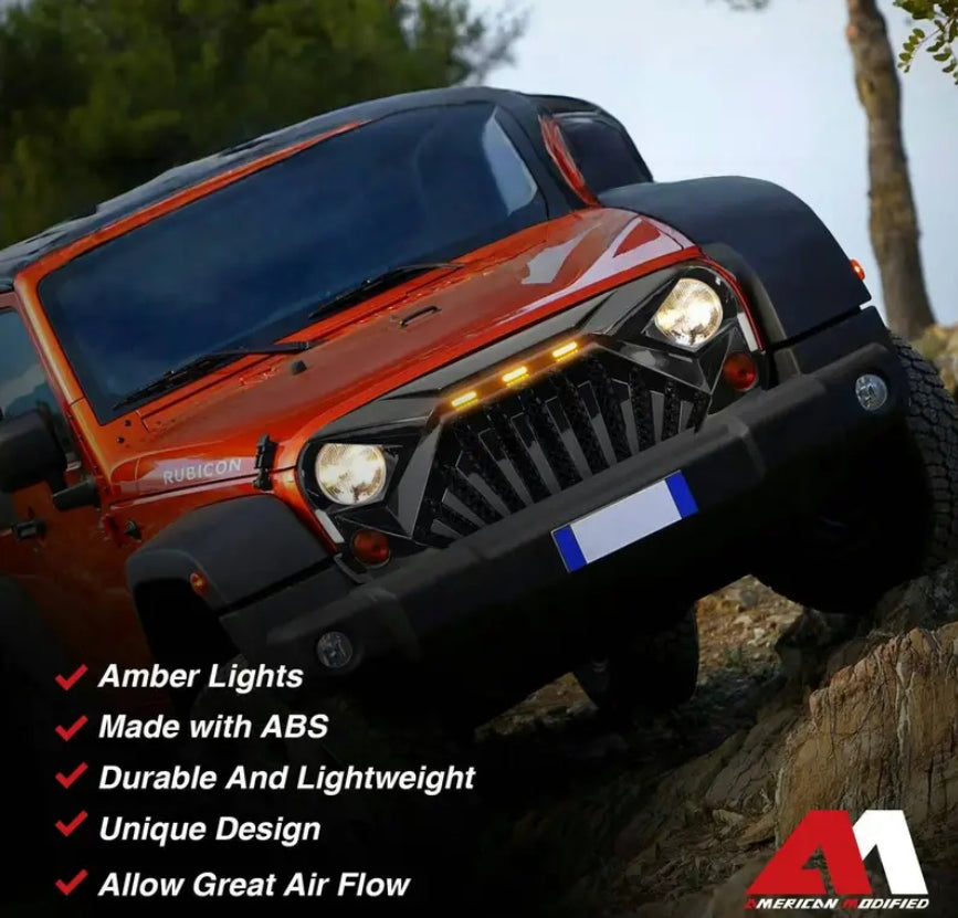 American Modified Heavy Duty ABS Plastic Goliath Grille Compatible with All 2007 to 2018 Jeep Wrangler JK with LED Amber Lights, Glossy Black