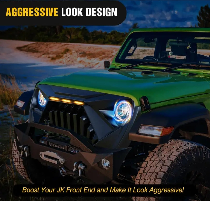 Front Bumper Grill Cover for 2018-2025 for Wrangler JL and For Gladiator JT with LED Amber Lights Matte Car Accessories