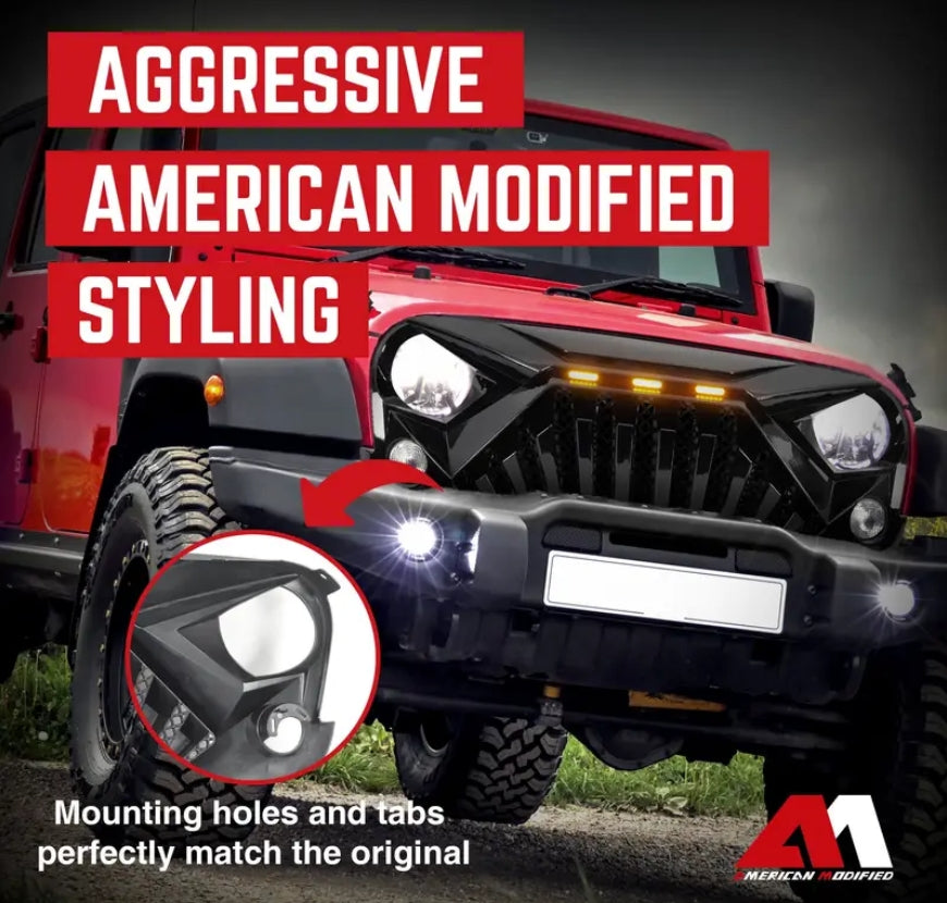 American Modified Heavy Duty ABS Plastic Goliath Grille Compatible with All 2007 to 2018 Jeep Wrangler JK with LED Amber Lights, Glossy Black
