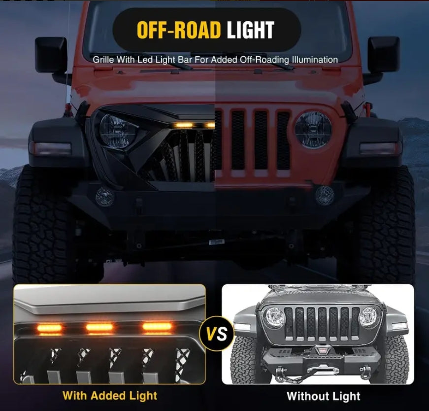 Front Bumper Grill Cover for 2018-2025 for Wrangler JL and For Gladiator JT with LED Amber Lights Matte Car Accessories