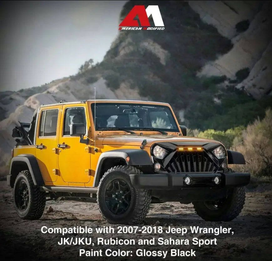 American Modified Heavy Duty ABS Plastic Goliath Grille Compatible with All 2007 to 2018 Jeep Wrangler JK with LED Amber Lights, Glossy Black