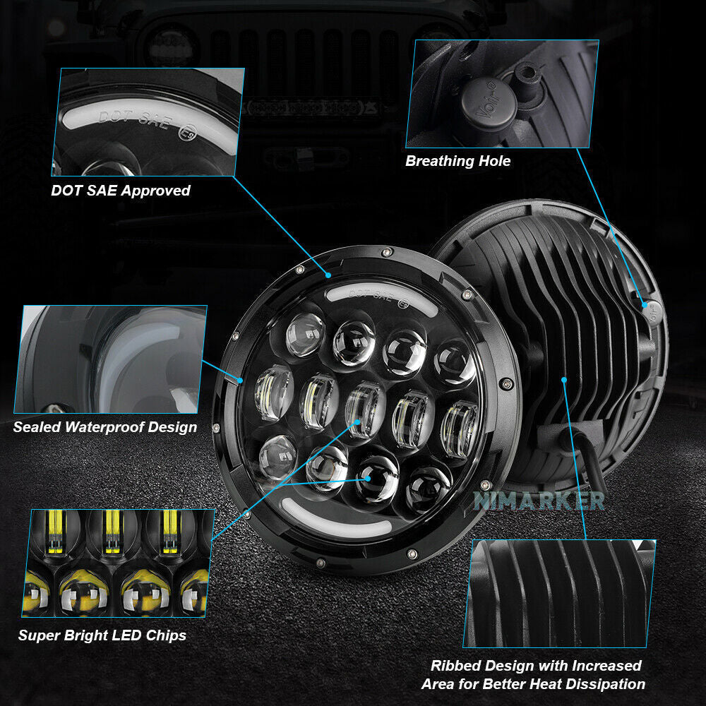 Suitable for Jeep Wrangler JK JL JT, 7-inch ultra bright spotlight off-road front headlight, modified with LED seven inch headlights