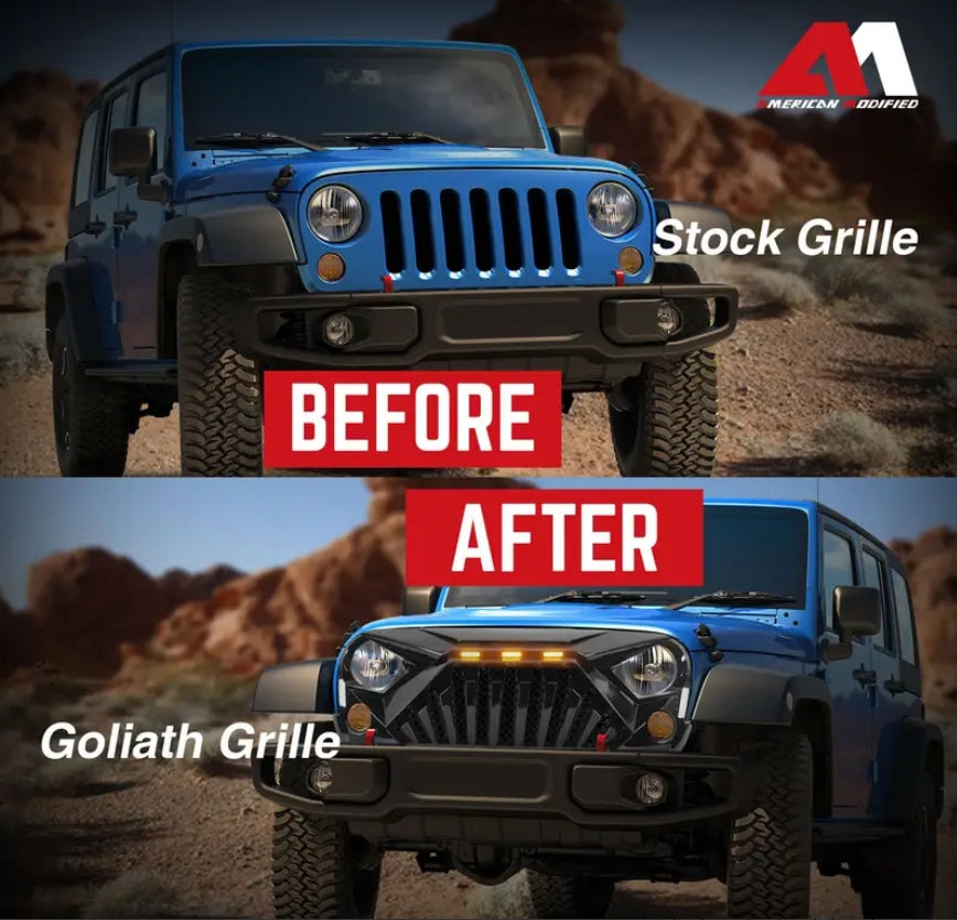 American Modified Heavy Duty ABS Plastic Goliath Grille Compatible with All 2007 to 2018 Jeep Wrangler JK with LED Amber Lights, Glossy Black