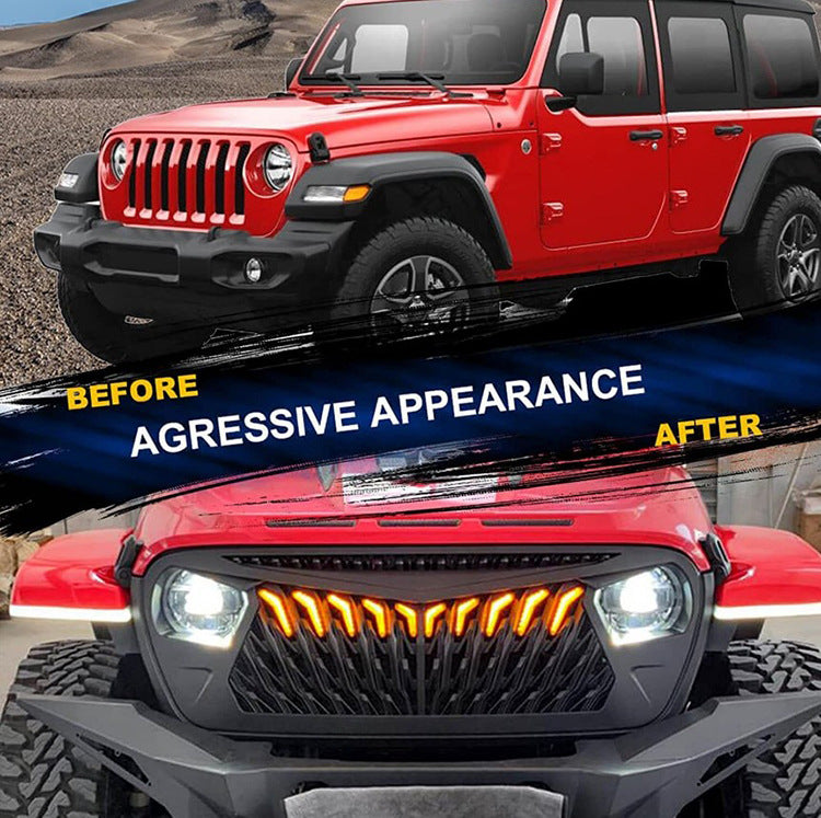 Front Replacement Mesh Grille Compatible With Jeep Wrangler JL 2018-2023, Matte Black Modified Shark Grille With 10pc Amber LED Running Lights