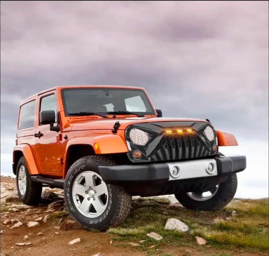 American Modified Heavy Duty ABS Plastic Goliath Grille Compatible with All 2007 to 2018 Jeep Wrangler JK with LED Amber Lights, Glossy Black